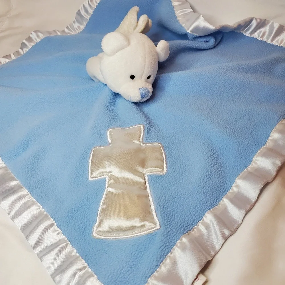 Baby Boom‎ Blue Lovey Security Blanket White Angel Bear Satin Cross Trim